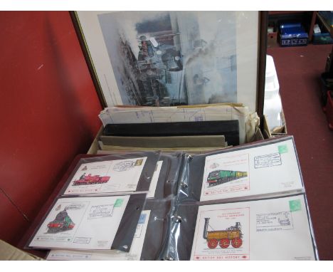 First Day Covers in Two Albums, timetables, plans, ledger, other Railway ephemera, Chris Woods print:- One Box.