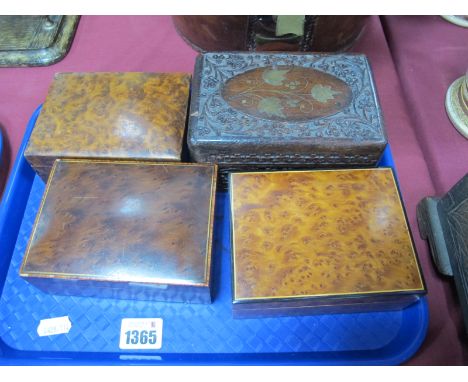 Three Burr Wood Trinket Boxes, 13cm wide, carved example with inlaid brass top. (4).