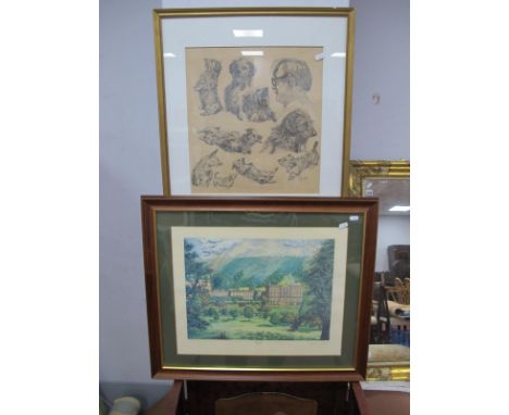 Alan C Peters, Terrier montage, pencil artwork, 38.5 x 36.5cm, a signed print of Chatsworth House. (2).