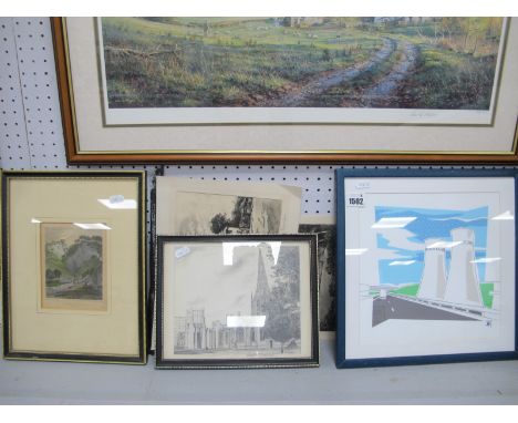 Two WillIe Rawson Etchings, (unframed). D.G Foulds, Ringinglow Road House, ink drawing 17.5 x 22.5cm. Sheffield Cathedral pen