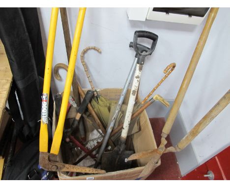 Garden Tools - Leaf rake, lawn edger, walking sticks, umbrellas.