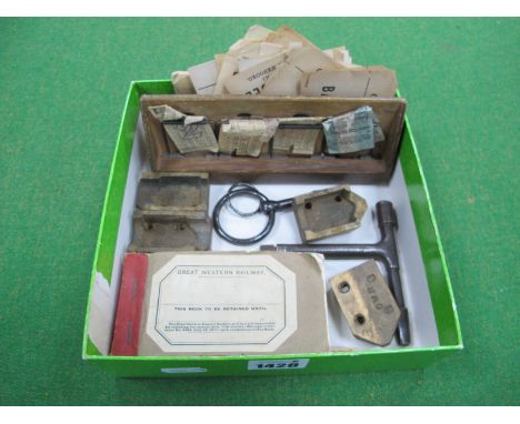 Railway Carriage Keys, GWR Brass Blocks, GWR receipt book Liverpool Goods Station, Map of GWR System, ticket clip holder, lab