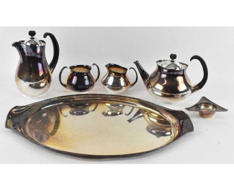 ELKINGTON; a four piece silver plated tea service comprising teapot, coffee pot, milk jug, sugar bowl, tea strainer and twin 