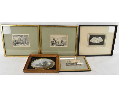 COURTOIS (1621-1676); a pair of prints, together with a pencil drawing of nude female figures, watercolour rural scene and a 