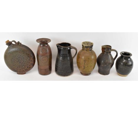 A group of studio pottery including large moon flask, height 30cm, three vases and two jugs (6).