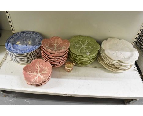 A quantity of sundry ceramics, including nine white plates, nine green plates, eleven pink bowls, small Copeland Spode coffee