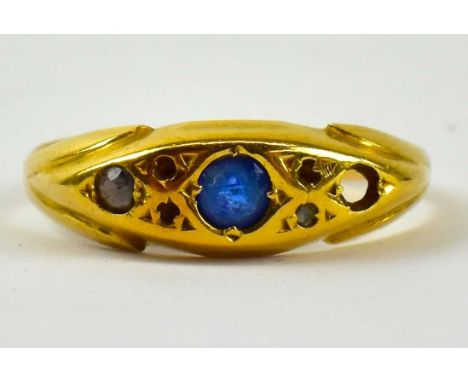 An 18ct yellow gold diamond and sapphire set ring (lacking one stone), size M/N, approx 2.5g.