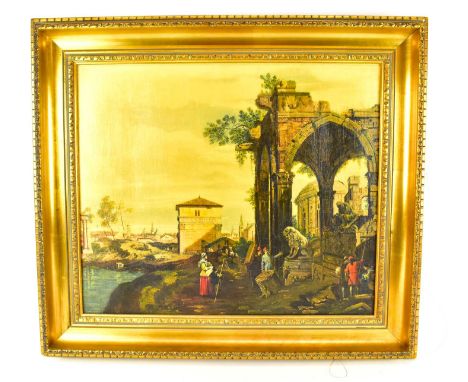 UNATTRIBUTED; a late 19th century oil on canvas, rural scene depicting figures beside a river, 42 x 50cm, gilt framed. 