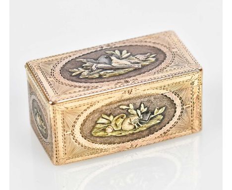 A 19th century four colour gold snuff box of rectangular form, the cover embossed with two turtle doves on Cupid's quiver, th