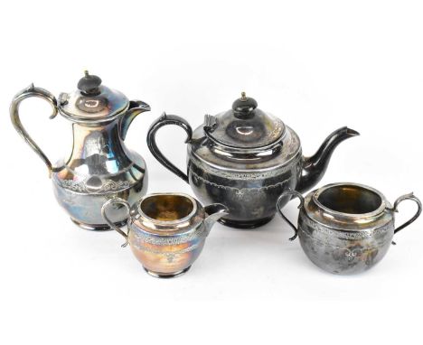 A four piece silver plated tea and coffee service, comprising teapot, coffee pot, sugar bowl and milk jug (4). 