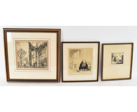 SIR FRANK WILLIAM BRANGWYN (1867-1956); three etchings, 'Scaffolding', 18 x 19.5cm, an elderly man reading, signed in pencil,