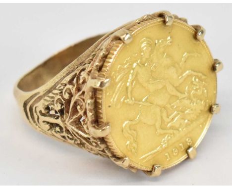 A George V 1918 half sovereign in 9ct yellow gold ring mount, size M, approx 8.9g. 