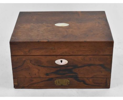 A 19th century rosewood and mother of pearl inlaid work box, the fitted interior with three white metal topped jars and base 