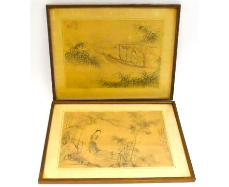 A pair of Chinese watercolours, figures amongst foliage, 20 x 28cm, framed and glazed.Condition Report: Please see additional