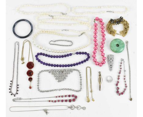 A quantity of costume jewellery, including four pearl necklaces, brooch, necklaces, ring and beads etc.