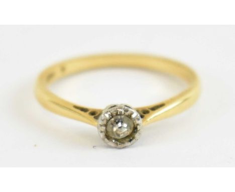 An 18ct yellow gold diamond solitaire ring set with small central diamond, size N, approx 2.3g. 