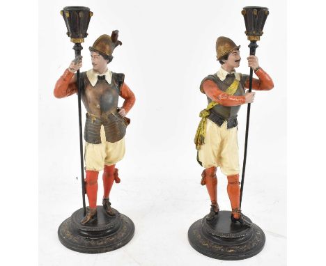 A pair of late 19th century painted spelter figures of warriors, height 36.5cm. 