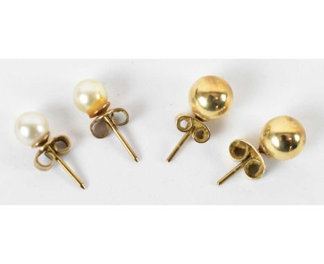 A pair of 9ct yellow gold earrings and another pair of 9ct yellow gold pearl set earrings, combined approx 2.5g. 