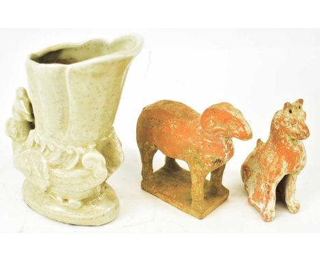 Two ancient Chinese Tang style tomb figures, both purchased from the Gerald Davison collection, and a Chinese white glazed ju
