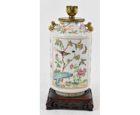 A 19th century Chinese Canton Famille Rose porcelain table lamp, height to top of fitment 26cm.