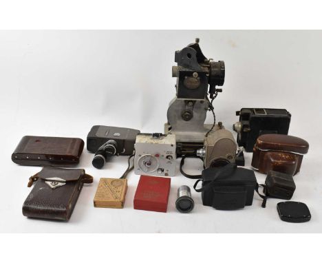 A quantity of cameras and photographic equipment, including a pathescope, a Canon Cine 8, a Kodak No. 2 Hawkette, also three 