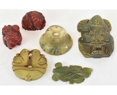 A group of six Chinese carved hardstones including pair of tablets, two resin figures and two further hardstone items.