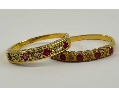 A 9ct yellow gold ruby and diamond ring set with four small rubies and three small diamonds, size K/L, together with a 9ct ye