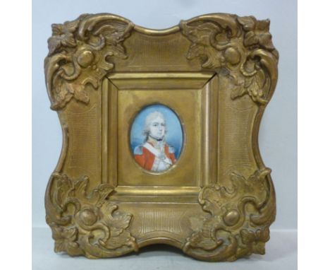A 19thC portrait miniature, a man in military uniform with a red tunic  2.25'' x 1.75'' in an ornate gilt frame