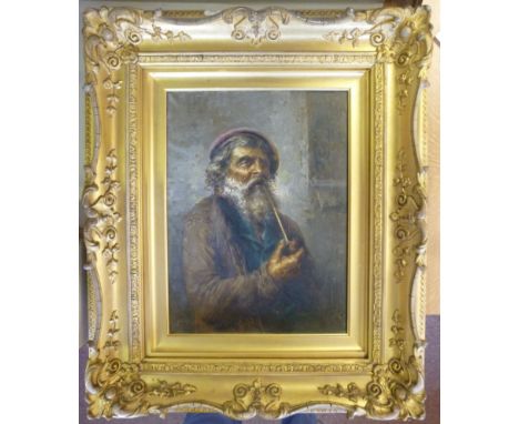 R Frigeria - a half-length portrait, an elderly, bearded man smoking a pipe  oil on canvas  bears a signature  16'' x 12'' in
