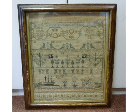 A George III sampler, featuring text, stylised flowers, trees, birds and other ornament, the work of one K**** Taylor, May 4 