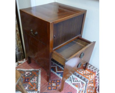 A George III string inlaid mahogany night commode, having a tambour door, over a draw front and two facsimilie drawers with b