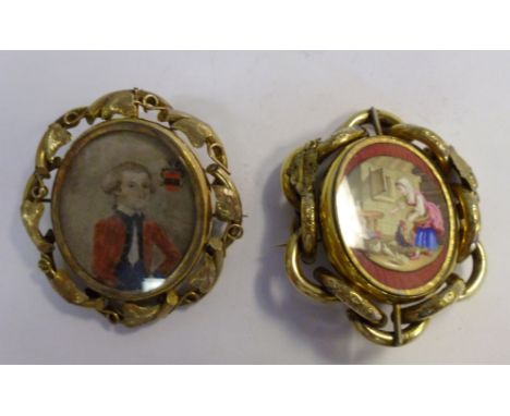 A mid/late 19thC foliate cast and chased yellow metal oval framed brooch, depicting a half length naive portrait miniature, a