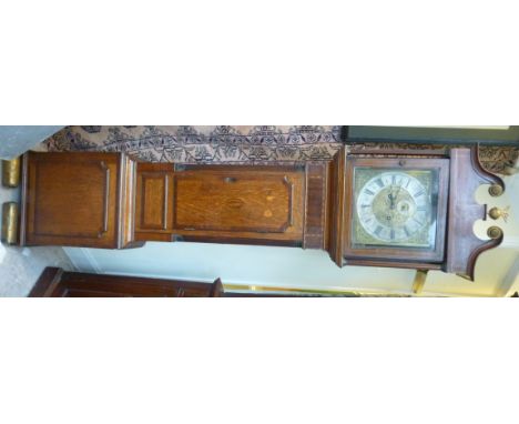 A late 18thC mahogany, crossbanded oak and marquetry longcase clock, the hood having a swan neck pediment and fluted pillars,