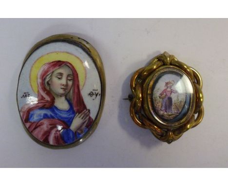 A late 19thC Continental oval, white metal framed, painted porcelain plaque, The Madonna  2.5'' x 2''; and a contemporary yel