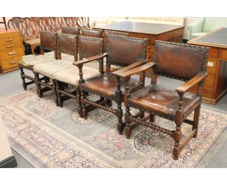 Eight antique oak button leather upholstered dining chairs (2 carvers + 6 singles)