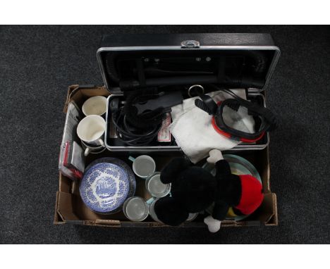 A box containing assorted tea ware, glasses, vintage hoover, 35mm camera 