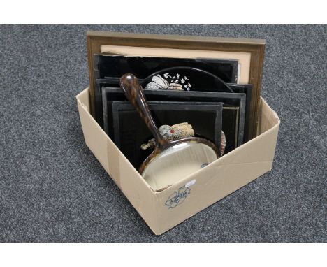 A box of black and white print "the village school", a hand mirror and ten foil pictures 