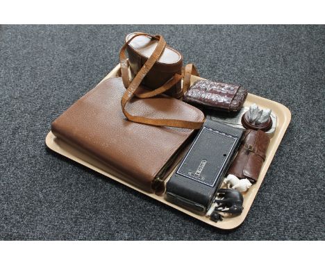 A tray of leather cased field glasses by F Robson &amp; Co, Newcastle, cased gent's travel set, leather cigar holder, Kodak c