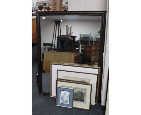 A large unframed mirror and eight assorted framed pictures 