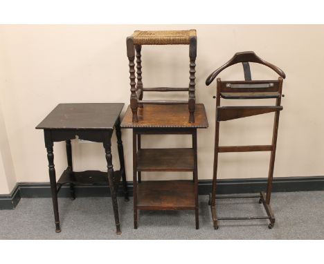 A gent's valet stand, two occasional tables and a rush seated stool 