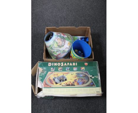 A box of Dinosafari electric train set and a box of Thomas the Tank Engine bedroom accessories 