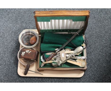 An oak cutlery canteen together with a large quantity  of assorted tables cutlery, carvers and servers etc together with a vi