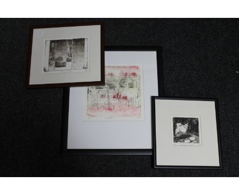 Three signed limited edition prints - red alive number 2 of 20, winter birthday number 4 or 20, meditation cloud number 6 or 