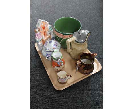 A tray of Art Deco pottery planter, Staffordshire flat back figure, Mason's Chinese Peony teapot, copper lustre jugs etc 