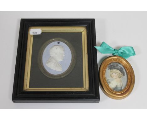 An early 20th century gilt framed relief portrait miniature of Frances Horner and a small print of a girl after Bartolozzi