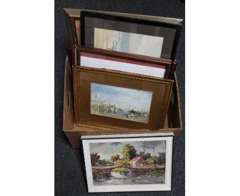 A box of assorted framed pictures and prints, framed movie pictures, oil on board, watercolour etc 