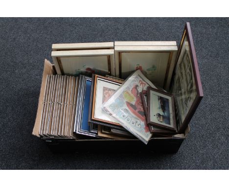 A box of framed golfing prints, picture frames, signed photos of Blyth Harbour, two copies of 2000 AD, assorted prints 
