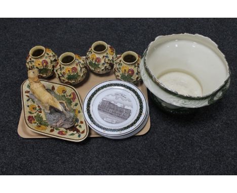 A tray of six Canterbury Collection collector's plates, five Woods Indian Tree pieces, John Beswick studio sculpture of golde