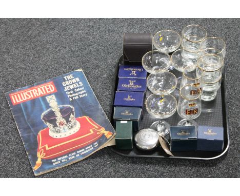 A tray of assorted drinking glasses, Gleneagles crystal shot glasses, hip flask etc