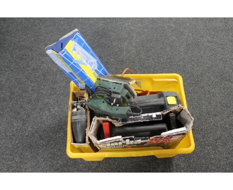 A box of assorted power tools - sander, electric drill, jigsaw, Clarke jump starter, tile cutter 